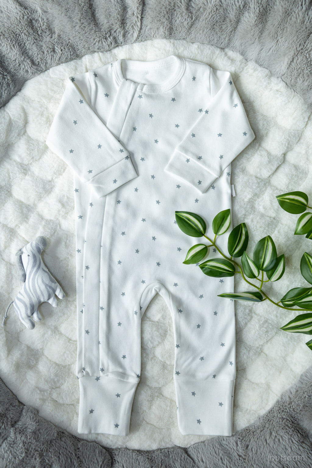 Outseam Romper - Grey Stars — soft cotton baby romper with outward seams